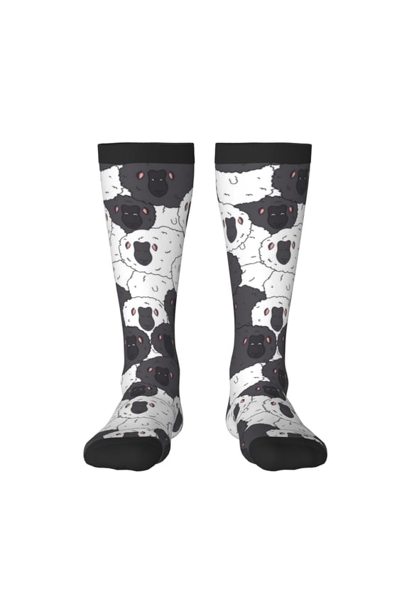 Black And White Sheeps print thigh-high socks, crafted for both men and women with a stretchy, high-opaque design perfect for daily wear