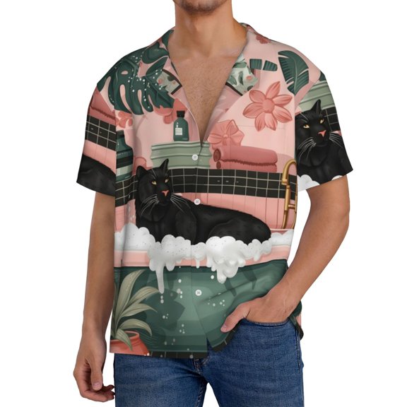 Xecao Black Cat Pink Bathroom Men's Casual Short-sleeved Shirt, a button-up collared shirt with a pocket-Small