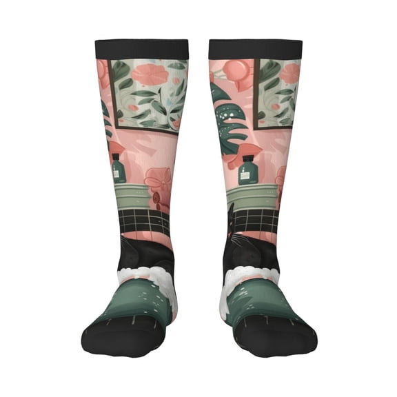 Xecao Black Cat Pink Bathroom Print Compression Socks for Both Men And Women for Running, Travel, Flight, Nurse