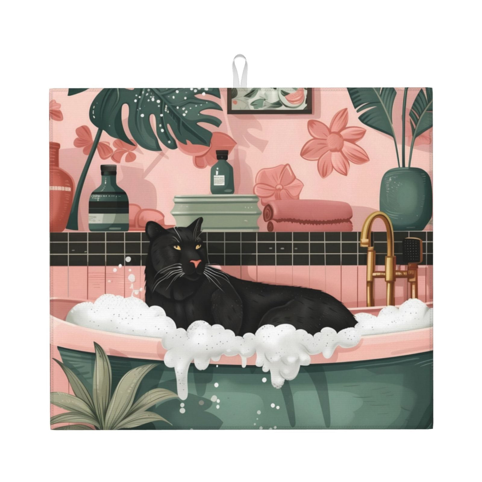 Xecao Black Cat Pink Bathroom Print Dish Drying Mat for Kitchen Counter ...