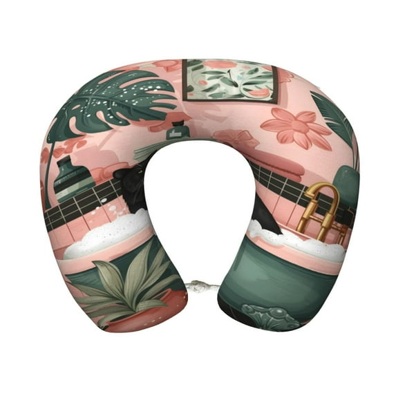 Xecao Black Cat Pink Bathroom Print Memory Foam Cervical Neck Pillow Versatile U-Shaped Pillows for Home,Office,Camping,Travelling,Soft Washable Cover