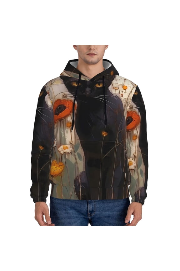 Black Cat in Wildflowers Pattern Men's Adult Pullover Hoodie,Hooded Sweatshirt-4X-Large