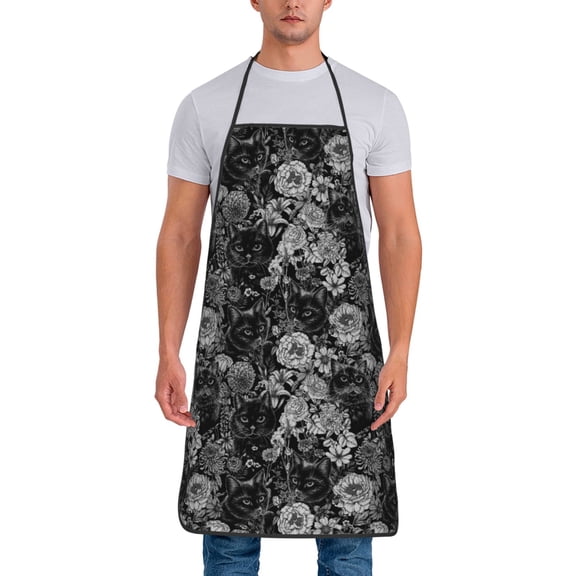 Xecao Black Cats In A Garden Print Funny BBQ Chef Aprons for Men Women,Adjustable Kitchen Cooking Aprons with Pocket Waterproof Oil Proof No Pilling Fading