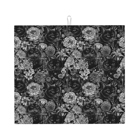 Xecao Black Cats In A Garden Print Dish Drying Mat for Kitchen Counter,Absorbent Coffee Bar Mat, Dish Drainer Rack Mats,Dining Room Decoration