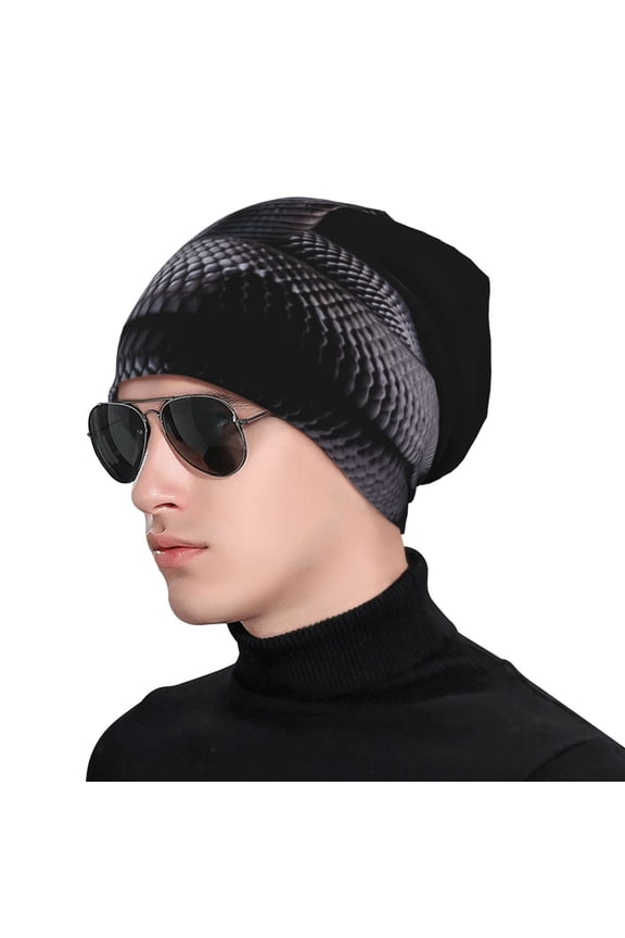 Black Cobra Snake Print Beanie Knitted Hat for Men Women, Winter Fashion Knit Cuffed Caps Unisex