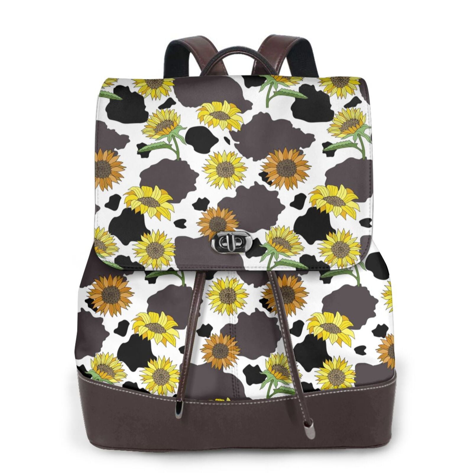Xecao Black Cow Sunflowers Print Large Backpack Soft Leather for Women Travel with Compartment, Adjustable Convertible Strap