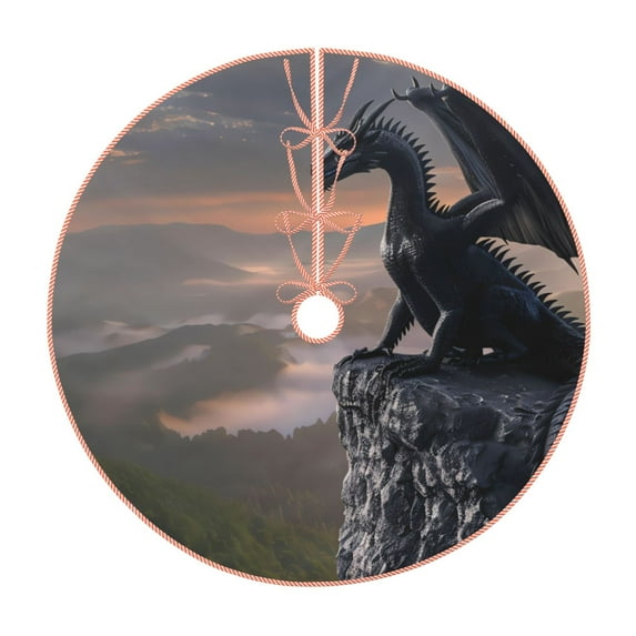 Xecao Black Dragon Cliff Dawn Pattern Christmas Tree Skirt Round Xmas Tree Mat Base Cover for Holiday Home Decorations-48"