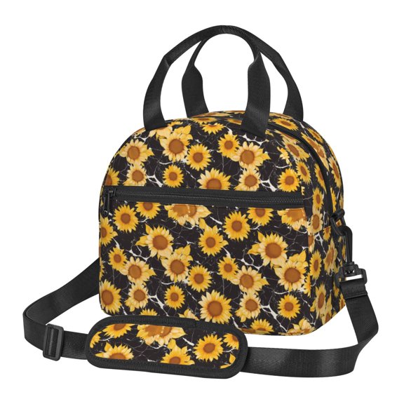 Xecao Black Marble Pattern Sunflower Print Insulated Lunch Box, Lunch Cags Lunch Bag Featuring An Adjustable Shoulder Strap