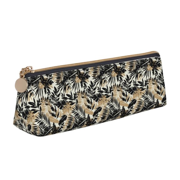 Xecao Black Palm Leaves Print Leather Pencil Case -Stationery Bag Pen Holder for Work & Office