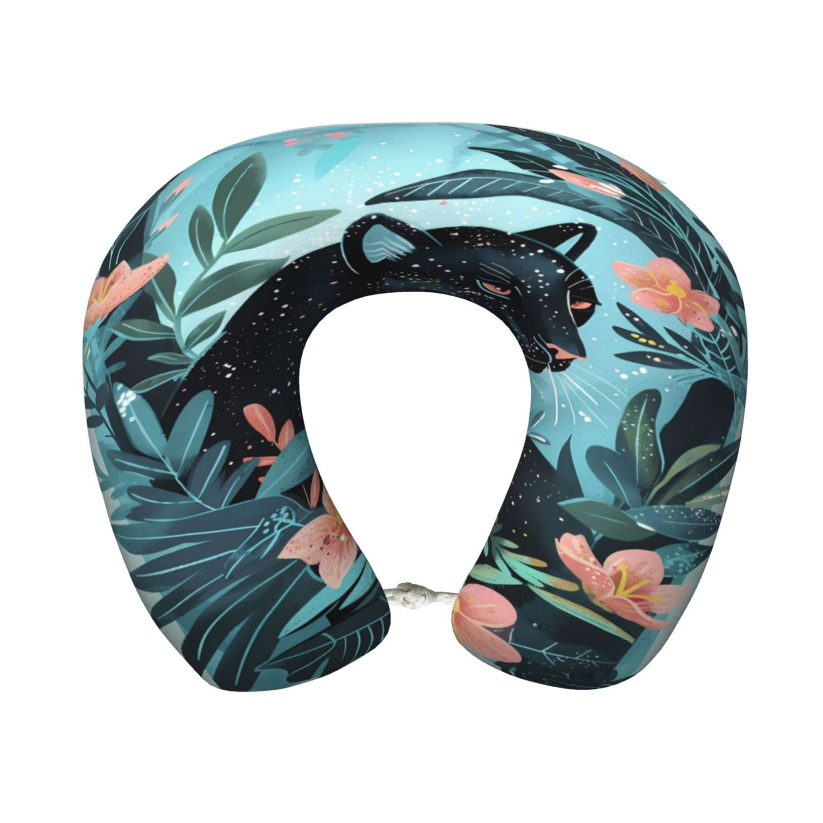 Xecao Black Panther Floral Illustration Print Memory Foam Cervical Neck Pillow Versatile U-Shaped Pillows for Home,Office,Camping,Travelling,Soft Washable Cover