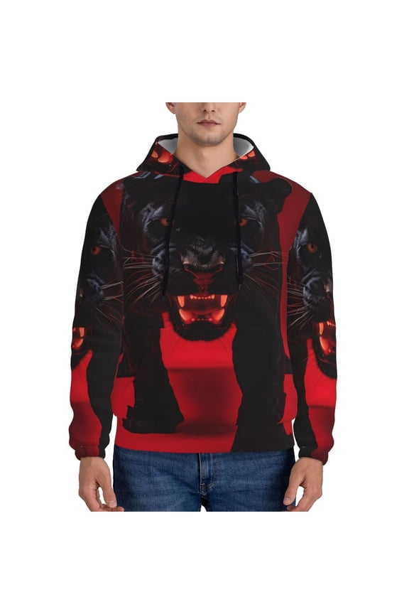 Black Panther Red Background Pattern Men's Adult Pullover Hoodie,Hooded Sweatshirt-3X-Large