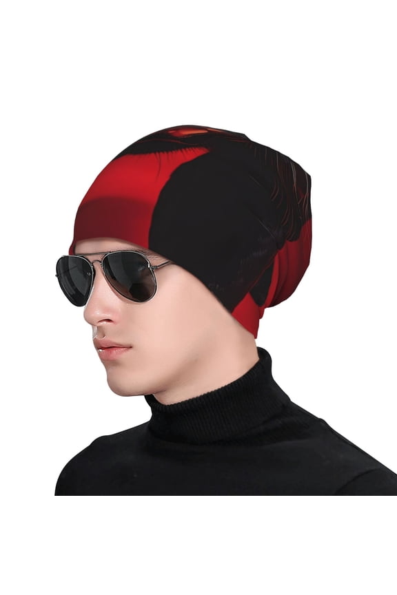 Black Panther Red Background Print Beanie Knitted Hat for Men Women, Winter Fashion Knit Cuffed Caps Unisex