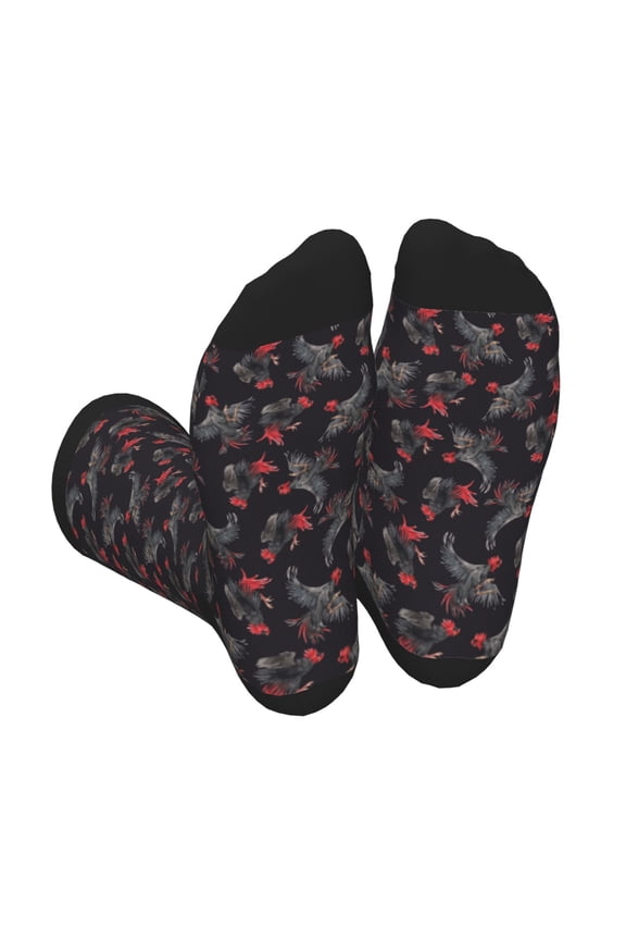 Black Roosters Print Crew Socks for Men and Women, Men's Soft Moisture-wicking Sock