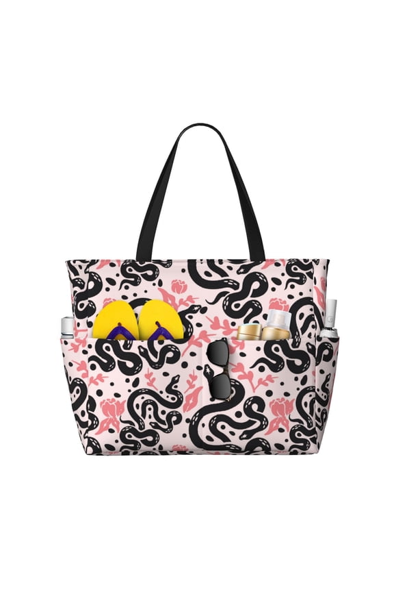 Black Snake for versatile beach bag for women includes zipper pockets and waterproof material, ideal for vacations and adventures.
