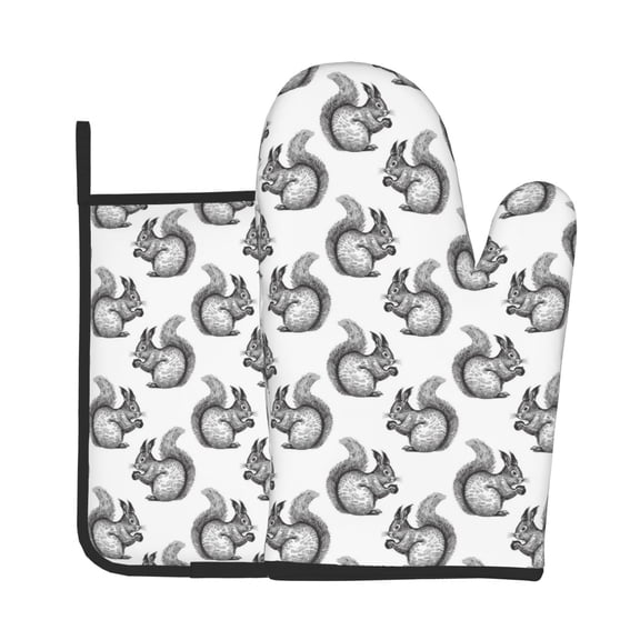 Xecao Black Squirrel Pattern Oven Mitts and Pot Holders Sets Heat Resistant Silicone Oven Mittens Extra Thicken Long Kitchen Cotton Oven Glove for Cooking