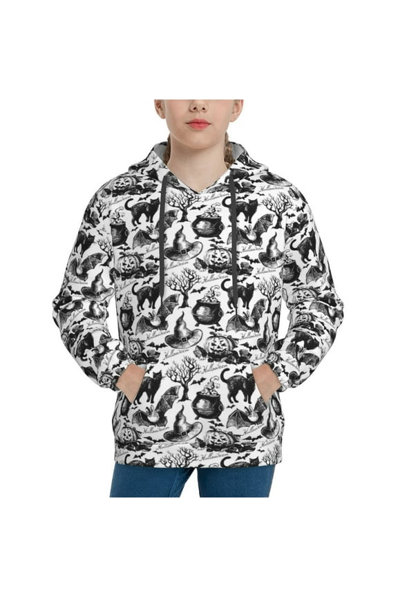 Black White Halloween Print Youth Hoodie Sweatshirt,Boys Hoodies,Essentials Hoodie-Small