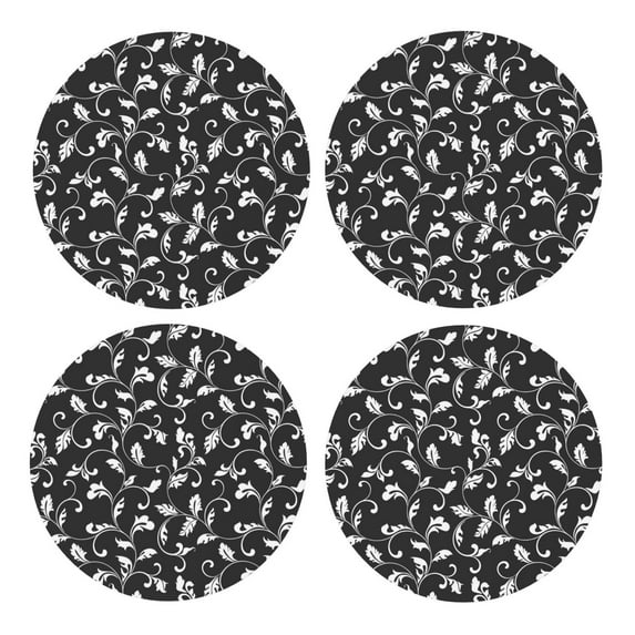 Xecao Black White Leaves for MDF Cork Coaster 4 Pcs,Drink Coasters,Suit for House Warming Gifts New Home ,Coffee Table Decor-Round Shape