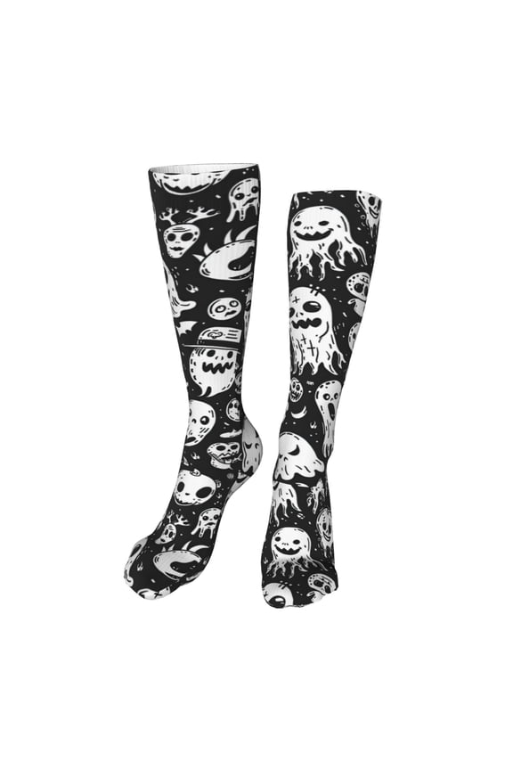 Black White Spooky Ghosts Print Calf Socks Seamless Toe, Knee High Long Socks, Sports Socks Trouser Socks for Women and Men-One Size