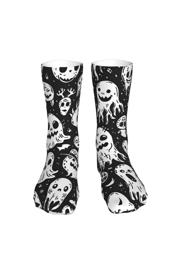 Black White Spooky Ghosts Print Fashion No Heel Casual Crew Socks Cushioned Breathable for Men Women - Moisture wicking,Not easy to fade Suitable for daily