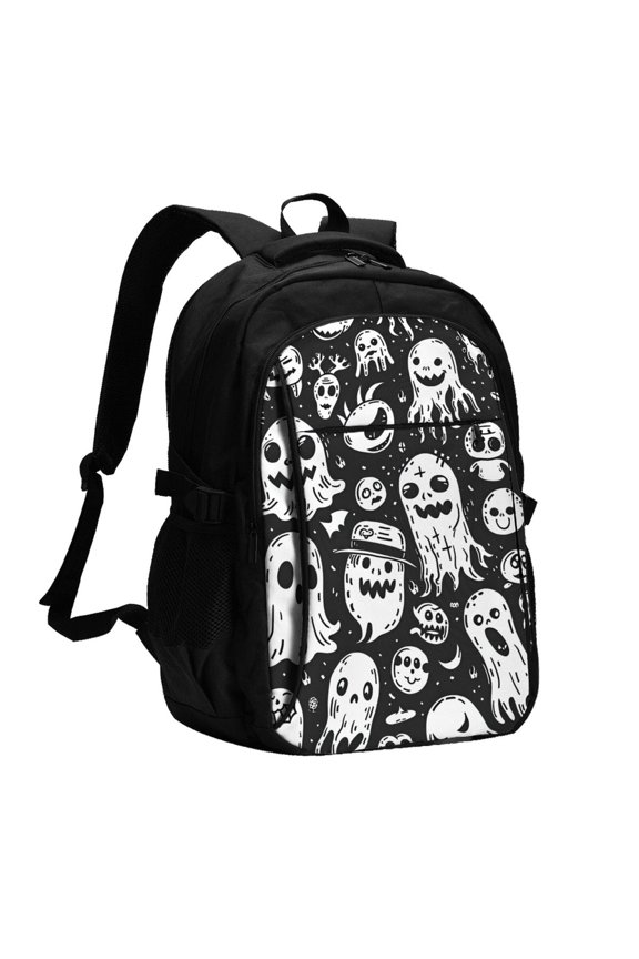 Black White Spooky Ghosts for Travel Laptop Backpack, USB-Charging-Enabled, Spacious Business Backpack for Men and Women,College School Computer Bag