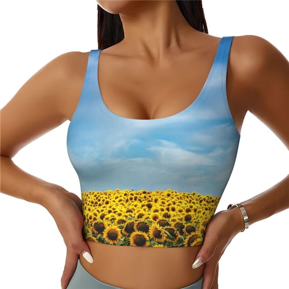 Xecao Blooming Sunflower Field for Sports Bra with Removable Pads, Crop Tank Top Design, Women's Longline Sports Bra - Non-Wired - XX-Large