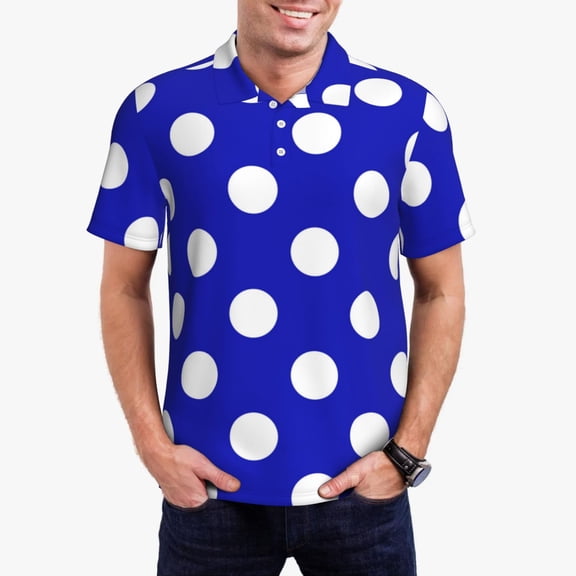 Xecao Blue And White Polka Dot Mens' Casual Short Sleeve Button-Down Polo Shirts for a Classic Golf Shirts-X-Large