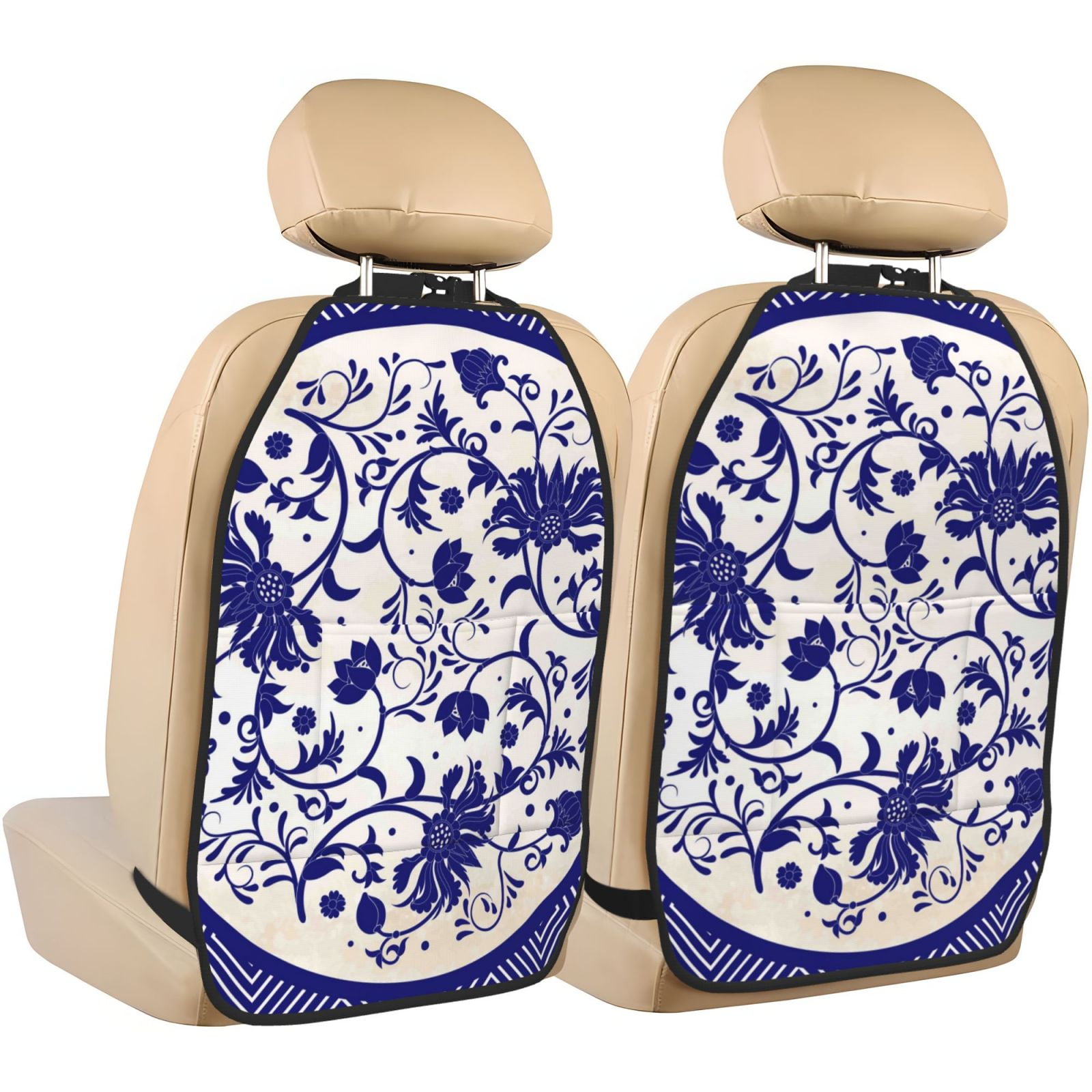 Xecao Blue And White Porcelain Pattern Pattern Car Seat Back Protector 2 Pack Large Capacity Pocket, Kick Mats Back Seat Protector