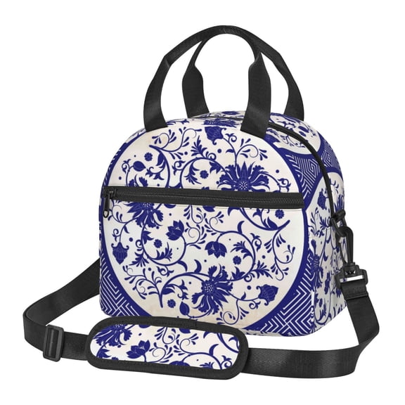 Xecao Blue And White Porcelain Pattern Print Insulated Lunch Box, Lunch Cags Lunch Bag Featuring An Adjustable Shoulder Strap