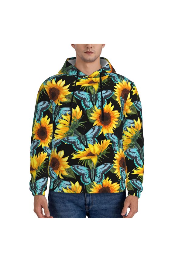 Blue Batterflies Sunflower Pattern Men's Adult Pullover Hoodie,Hooded Sweatshirt-4X-Large