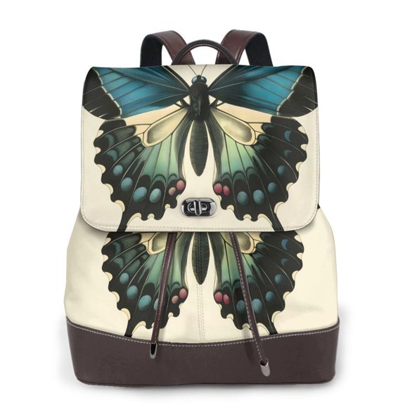 Xecao Blue Black Butterfly Art Print Large Backpack Soft Leather for Women Travel with Compartment, Adjustable Convertible Strap