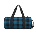 thumbnail image 1 of Xecao Blue Black Plaid print Round Travel Duffel Bag is a foldable gym bag with an inner pocket, perfect for travel sports, 1 of 8