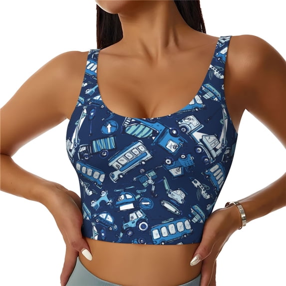 Xecao Blue Bus for Sports Bra with Removable Pads, Crop Tank Top Design, Women's Longline Sports Bra - Non-Wired - Medium