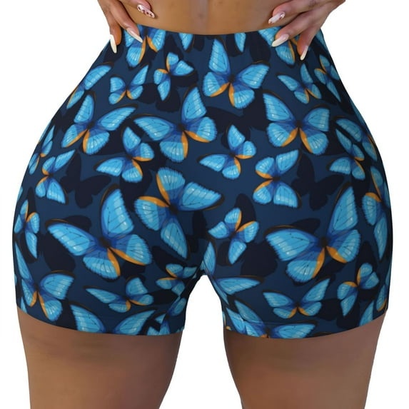 Xecao Blue Butterfly Print Workout Shorts for Women Soft Smooth Gym Yoga Scrunch Active Tennis Workout Running Shorts