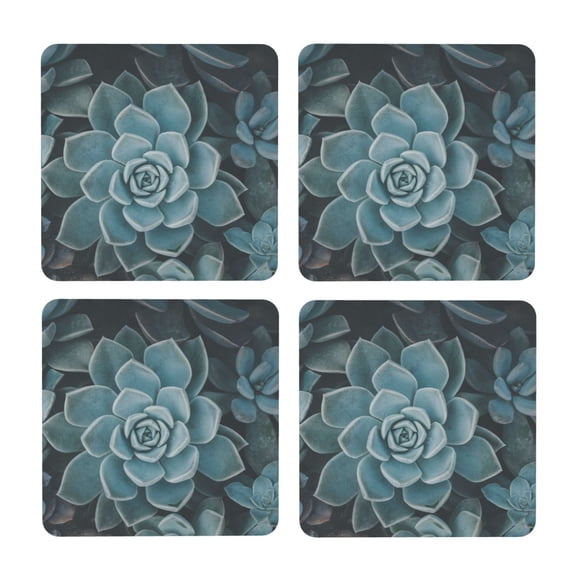 Xecao Blue Color Cactus for MDF Cork Coaster 4 Pcs,Drink Coasters,Suit for House Warming Gifts New Home ,Coffee Table Decor-Square