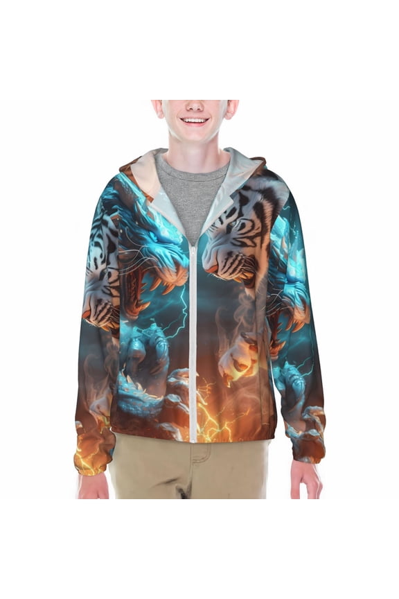 Blue Dragon And White Tiger Print Fishing Shirts for teenager Long Sleeve UV Sun Protection Hoodie with Zipper Outdoor Hiking Shirts-Large