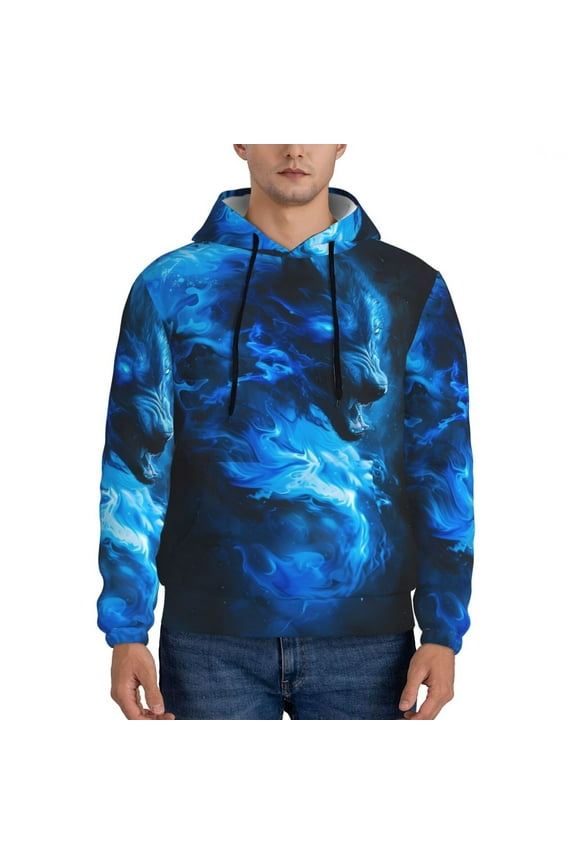 Blue Fire Cool Wolf Pattern Men's Adult Pullover Hoodie,Hooded Sweatshirt-3X-Large