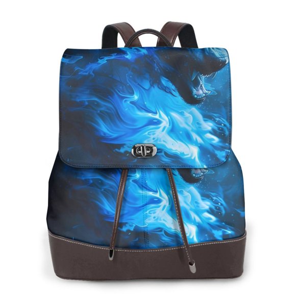 Xecao Blue Fire Cool Wolf Print Large Backpack Soft Leather for Women Travel with Compartment, Adjustable Convertible Strap