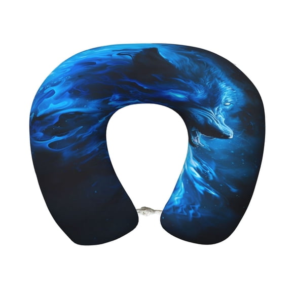 Xecao Blue Fire Cool Wolf Print Memory Foam Cervical Neck Pillow Versatile U-Shaped Pillows for Home,Office,Camping,Travelling,Soft Washable Cover