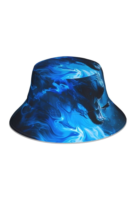 Blue Fire Cool Wolf Print Men and Women Night Reflective Hat Runner Cap Visor Bucket Hat Boonie Cap