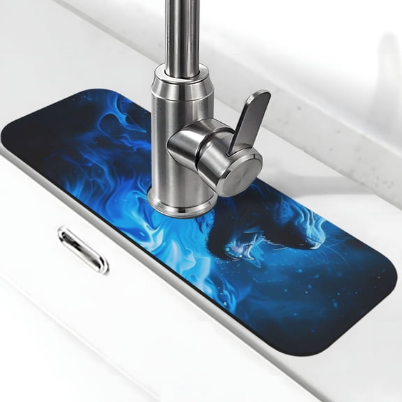 Xecao Blue Fire Cool Wolf for Kitchen Sink Splash Guard Faucet Mat , Faucet Guard & Draining mat, (15" X 5.5" )