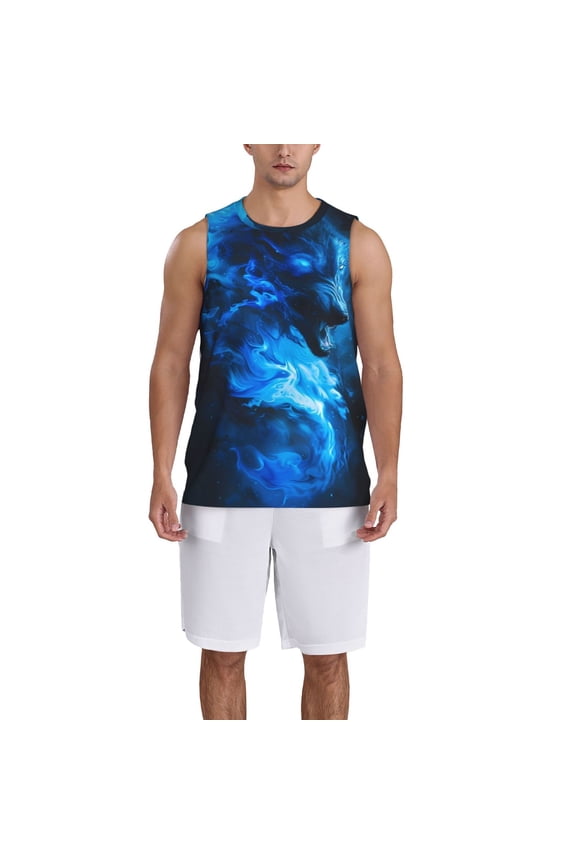 Blue Fire Cool Wolf print basketball shirt for both men and women, a unisex basketball jersey perfect for theme parties-Medium