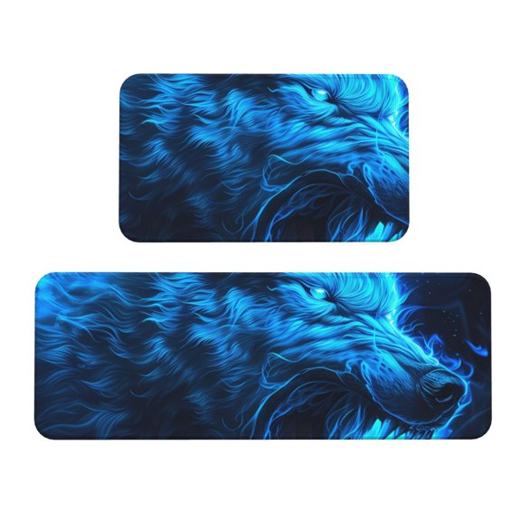 Xecao Blue Fire Wolf Patten Kitchen Rugs and Mats Sets,2 Pieces Non-Slip Washable Rugs, Kitchen Mat for Floor,Suit for Kitchen Decor and Accessories