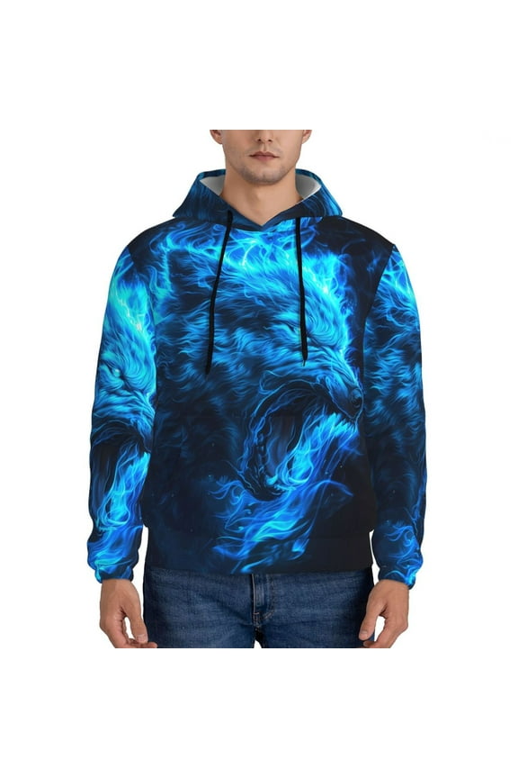 Blue Fire Wolf Pattern Men's Adult Pullover Hoodie,Hooded Sweatshirt-3X-Large
