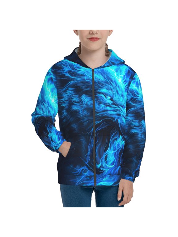 Blue Fire Wolf Pattern Zip Up Hoodies for Boys Girls, Sweatshirt with Pockets-Small