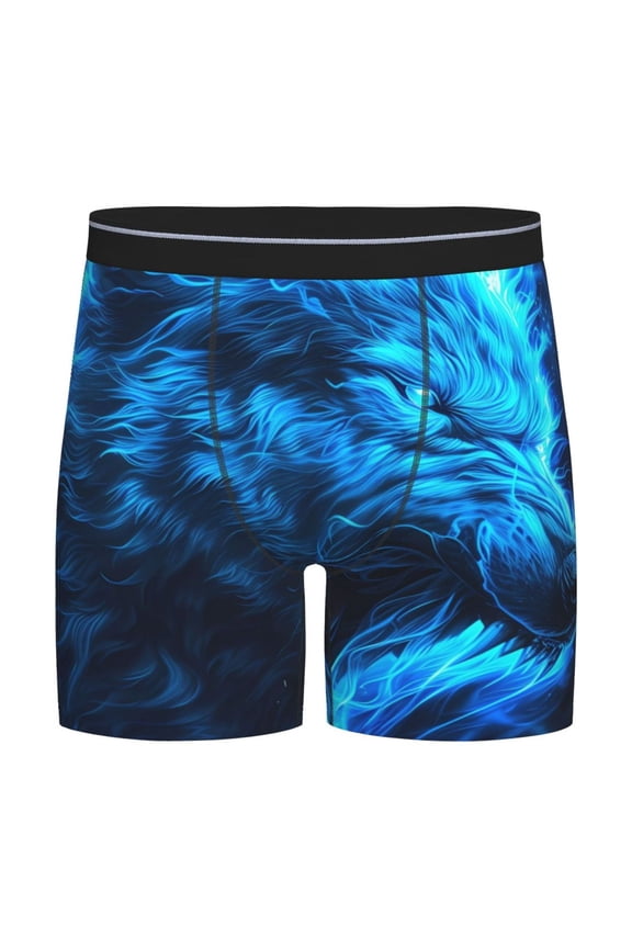 Blue Fire Wolf Print Boxer Briefs for Men's Stretch Moisture-Wicking Underwear, Mid-Rise Classics breathable fabric