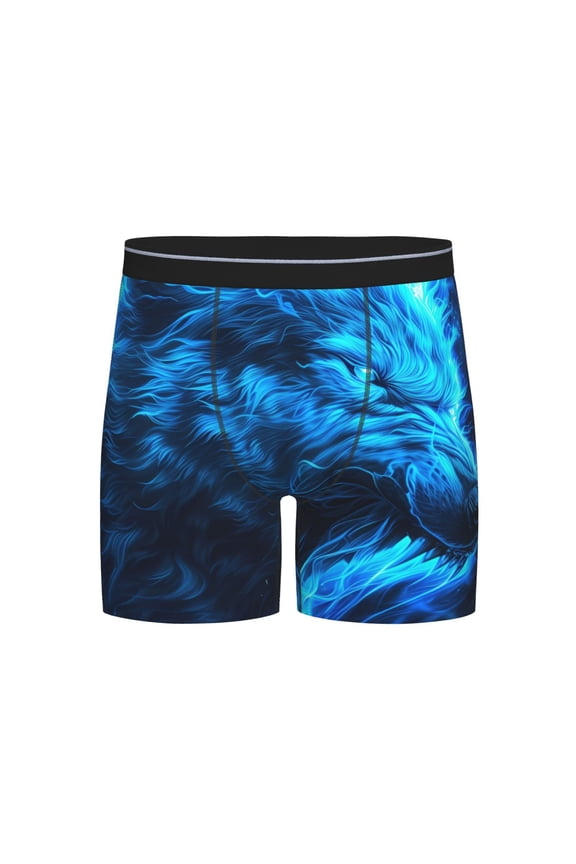 Blue Fire Wolf Print Boxer Briefs for Men's Stretch Moisture-Wicking Underwear, Mid-Rise Classics breathable fabric