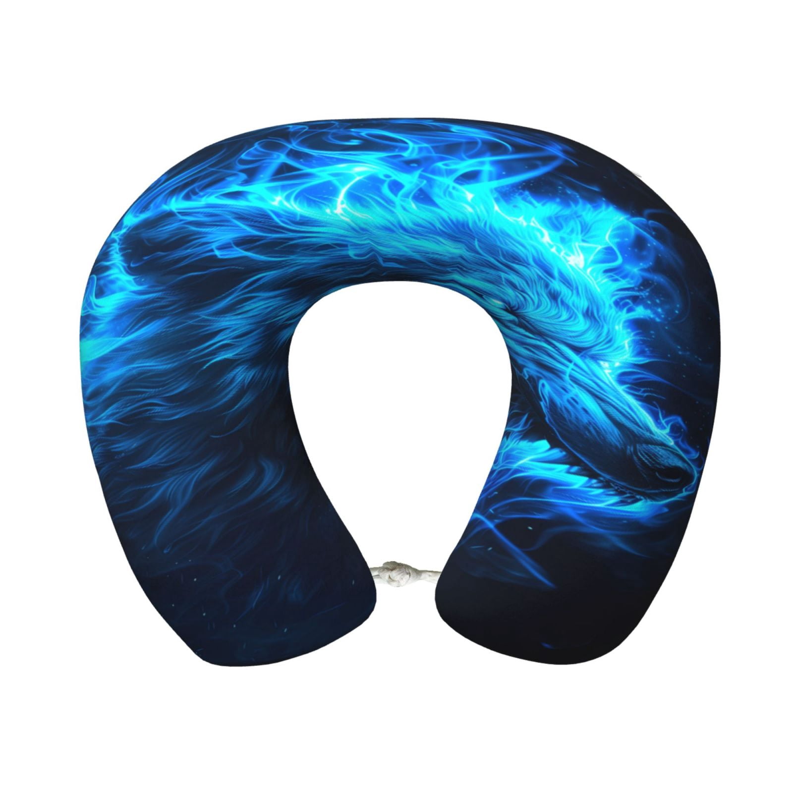 Xecao Blue Fire Wolf Print Memory Foam Cervical Neck Pillow Versatile U-Shaped Pillows for Home,Office,Camping,Travelling,Soft Washable Cover