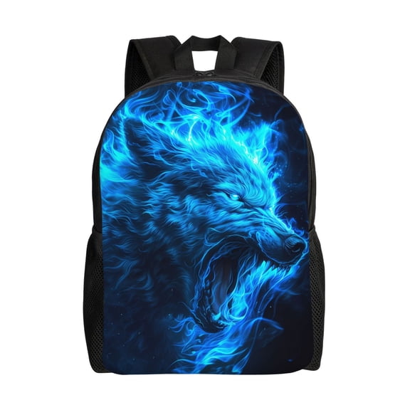 Xecao Blue Fire Wolf Print School Backpack with Laptop Compartment Small Travel Laptop Backpack for Women Men Waterproof College Backpack Simple School Bag