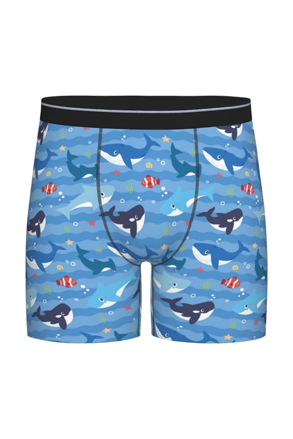 Blue Fish Print Boxer Briefs for Men's Stretch Moisture-Wicking Underwear, Mid-Rise Classics breathable fabric