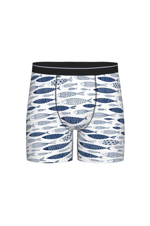 Blue Fish Print Boxer Briefs for Men's Stretch Moisture-Wicking Underwear, Mid-Rise Classics breathable fabric